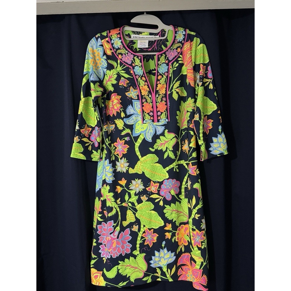 Gretchen Scott Garden Floral V-Neck Tunic Dress Resort- XS Neon